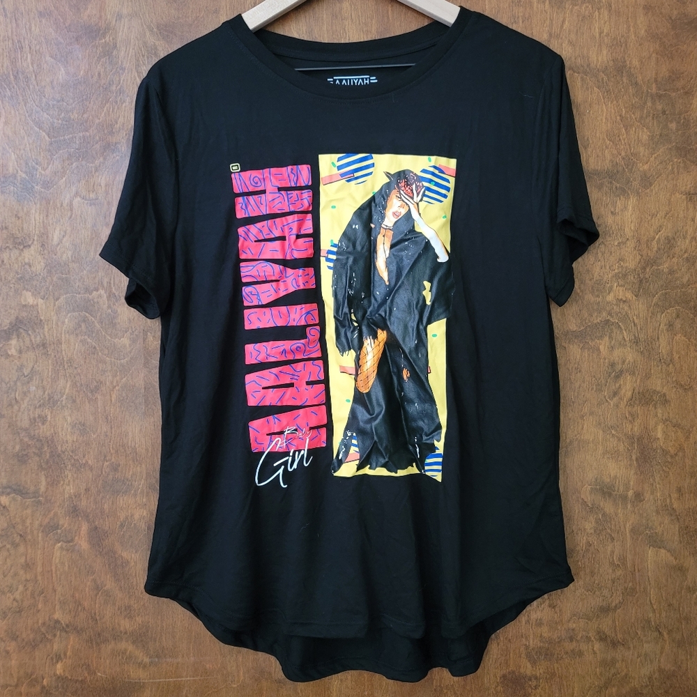 Aaliyah screen printed graphic black tee shirt shirt tail hem NWOT music